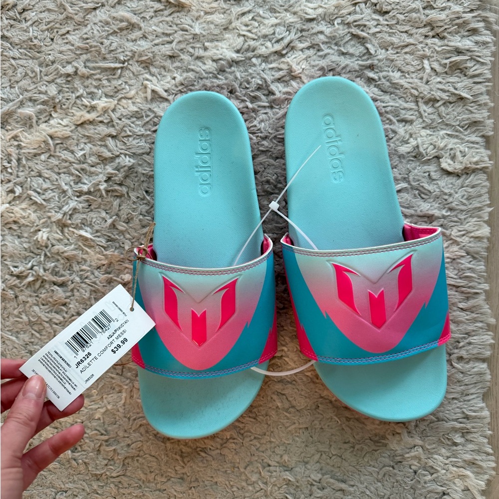 NWT Messi adidas Turquoise and Hot Pink Slide Sandals